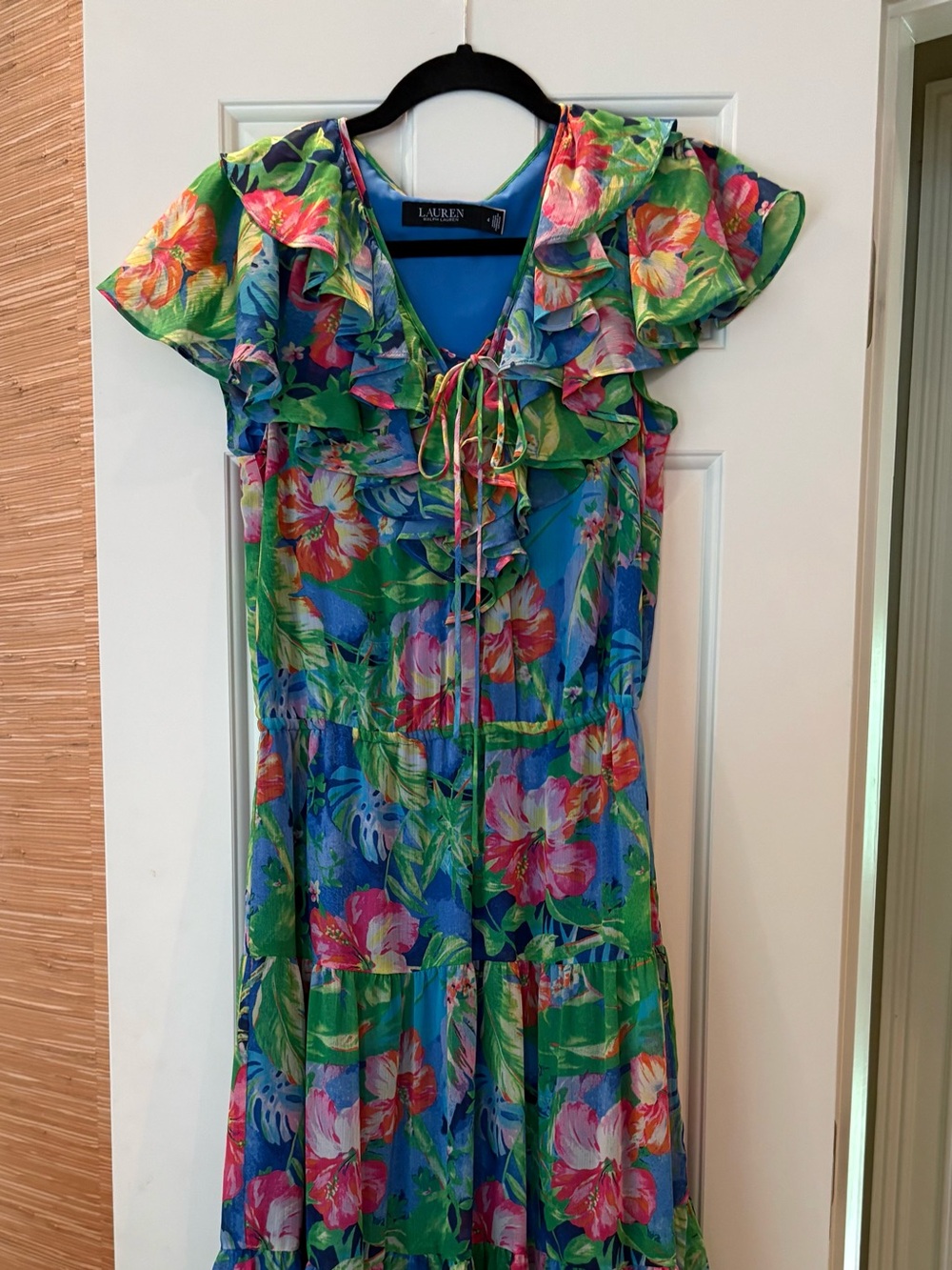 Ralph Lauren Blue & Green Tropical Floral Ruffle Dress